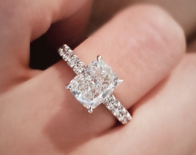 2 Carat elongated Cushion Cut IGI Certified CVD Lab Grown Diamond set in a classic diamond Pave setting