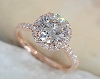 3 Carats Round Halo 14K Rose Gold Engagment Ring IGI Certified 2.50 Carat Center E/VVS2 Clarity Lab Grown Diamond