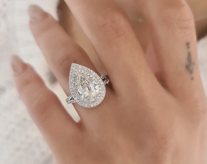 3.5CT Lab Diamond Engagement Ring, 2.5CT Pear CVD Center, Double Halo, IGI Certified E/F VVS, 14K 18K Platinum, Ethical Luxury Jewelry
