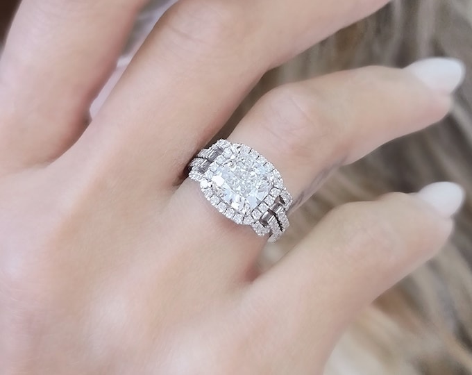 3CT Cushion Cut CVD Center, 3.75CT Total, Lab Diamond Halo Ring, IGI Certified E/F VVS, 14K 18K or Platinum, Sustainable Engagement Ring