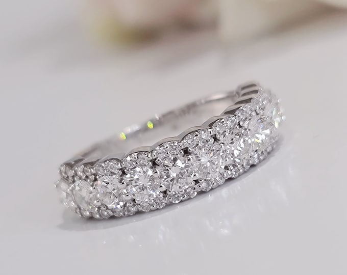 Unique style 3 row half eternity 1.61 Carats Round brilliant ideal cut CVD lab grown diamond wedding band
