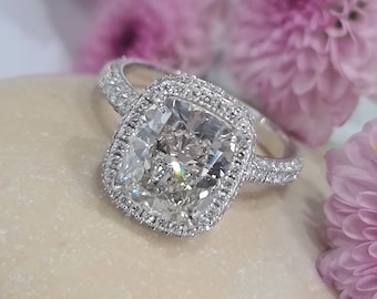3 Carat Cushion Cut CVD Lab Grown Diamond Ring With Double Halo And 3D Diamond Band Set in 14K White Gold, F VS1 IGI Certified, Cushion Ring