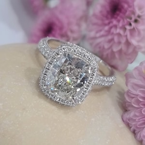 3 Carat Cushion Cut CVD Lab Grown Diamond Ring With Double Halo And 3D Diamond Band Set in 14K White Gold, F VS1 IGI Certified, Cushion Ring
