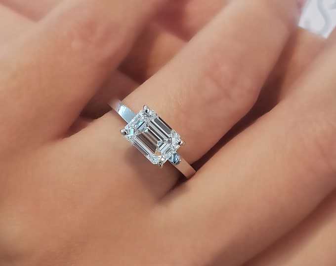 2.50 Carat East West set IGI Certified CVD lab grown Emerald cut diamond engagement ring