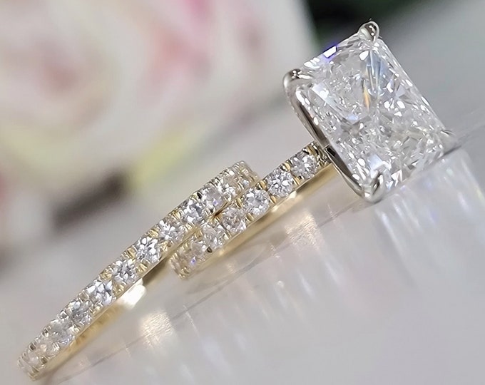 CVD Lab Diamond Bridal Set, 3CT Radiant Center, IGI E/F VVS, 0.50CT Matching Band, 3.50CT Total, Two Tone 14K or 18K Engagement Set
