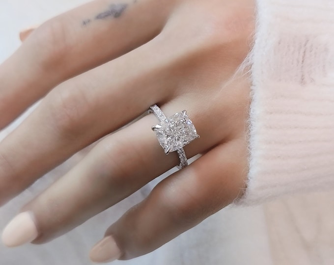 4 Carat elongated cushion Cut IGI Certified CVD Lab Grown Diamond set in a classic diamond Pave setting