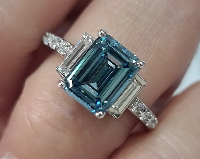 3 Carat Fancy Blue CVD Lab Grown Diamond Emerald Cut Engagement Ring, IGI Certified 3 Stone Emerald Diamond Engagement Ring, Lab Grown Ring