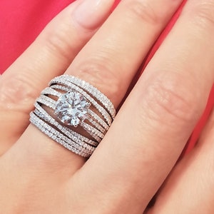 3.50 Tcw 14k White Gold Multi-Row Pave Diamond engagement Ring, CVD Lab Grown Diamond Ring, Lab Created Diamond Engagement Ring