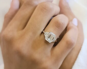 18K WHITE GOLD 3 Stone Emerald Cut Engagement Ring With 2.50