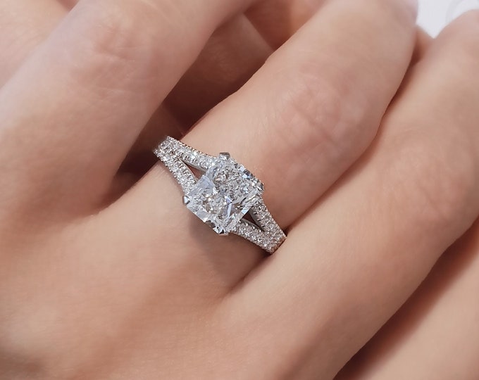 Unique 2 Carat Radiant Cut IGI Certified CVD lab grown diamond split shank pave set engagement ring