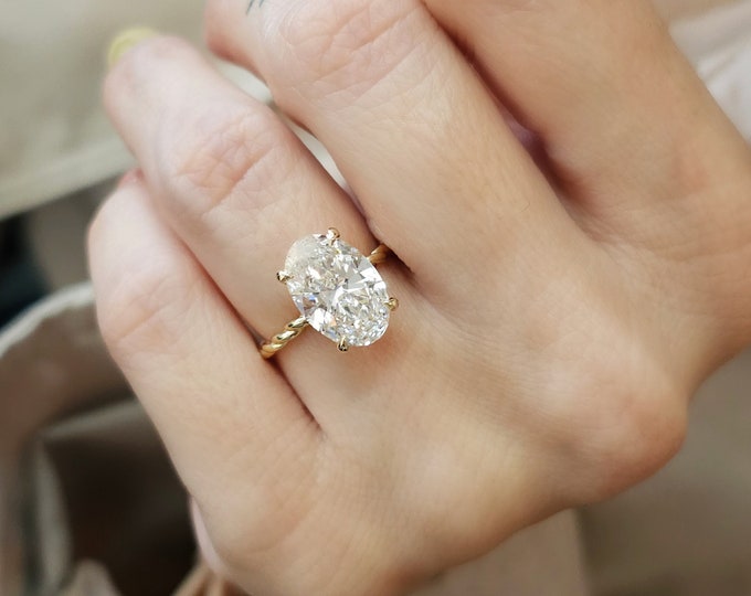 3.50ct Oval Hidden Halo Engagement Ring with Twisted Band - F VS1 IGI Certified CVD Lab Grown Diamond, Unique Oval Bridal Ring