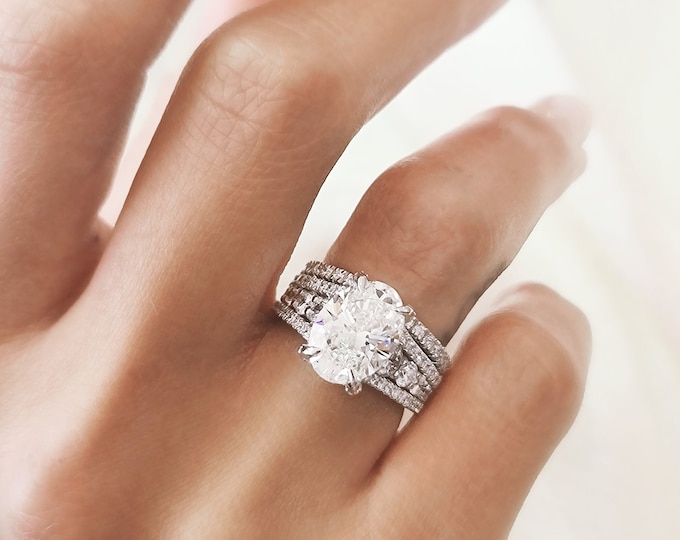 3 Carat Oval Lab Diamond Ring | 1CT Side Stones | 4CT Total | IGI Certified CVD | E/F VVS | Matching Wedding Band Set