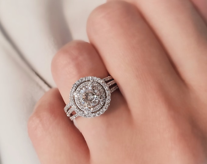 2.16 Tcw Vintage Double Halo & triple split shank CVD Lab Grown Diamond Engagement Ring