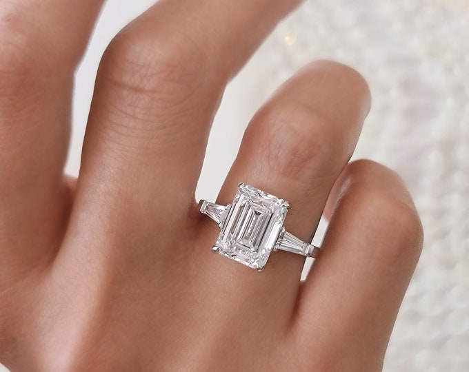 5.50 Carats CVD lab grown 3 stone Emerald cut IGI certified diamond engagement ring