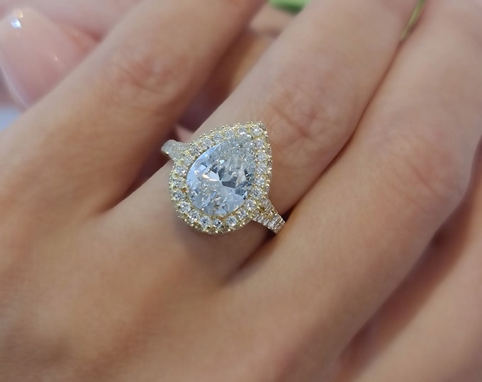 3.25CT Pear Cut Lab Diamond Ring, 2.5CT CVD Center, IGI Certified E/F VVS, Vintage Inspired Engagement Ring, 14K 18K or Platinum