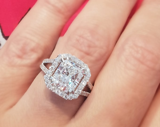 3 Carat Radiant Cut Lab Grown Diamond Engagement Ring, Radiant with Halo Diamond Ring, CVD Diamond Ring, 3CT Lab Created Diamond Ring