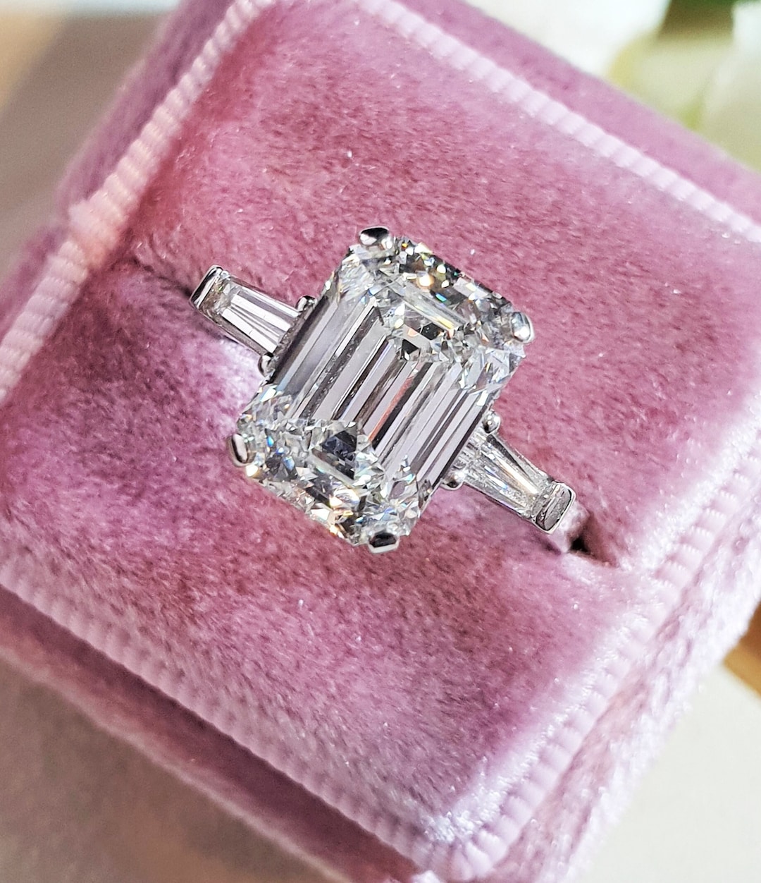 3 Carat Emerald Cut Three Stone Ring, 3 Ct Emerald Cut Diamond Ring, CVD Lab Grown Diamond Ring