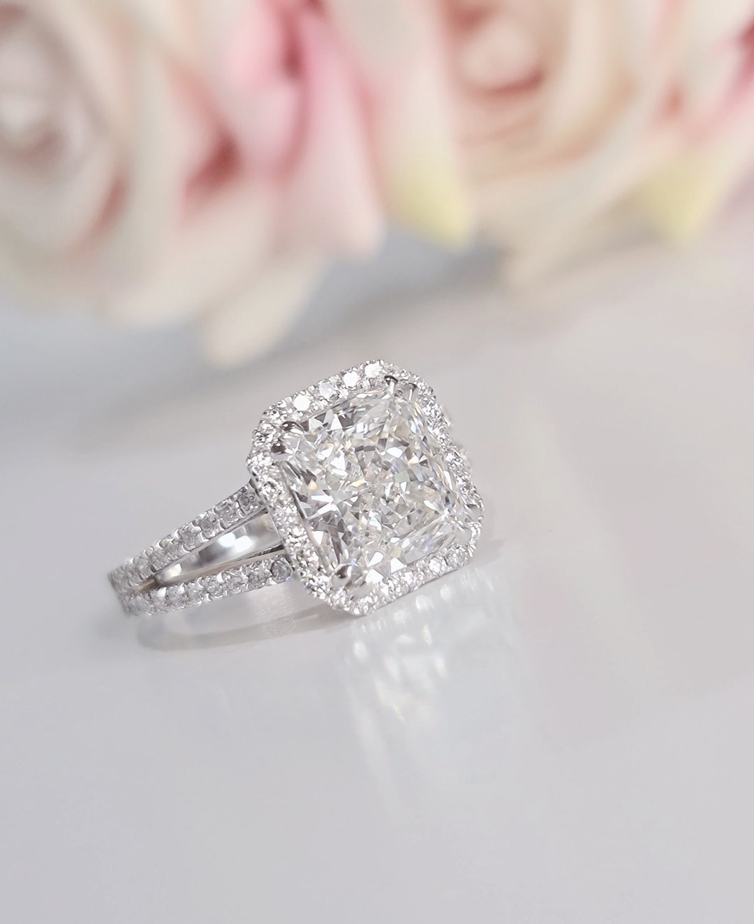 3 Carat Radiant Cut Lab Grown Diamond Halo Engagement Ring | E VVS2 ...