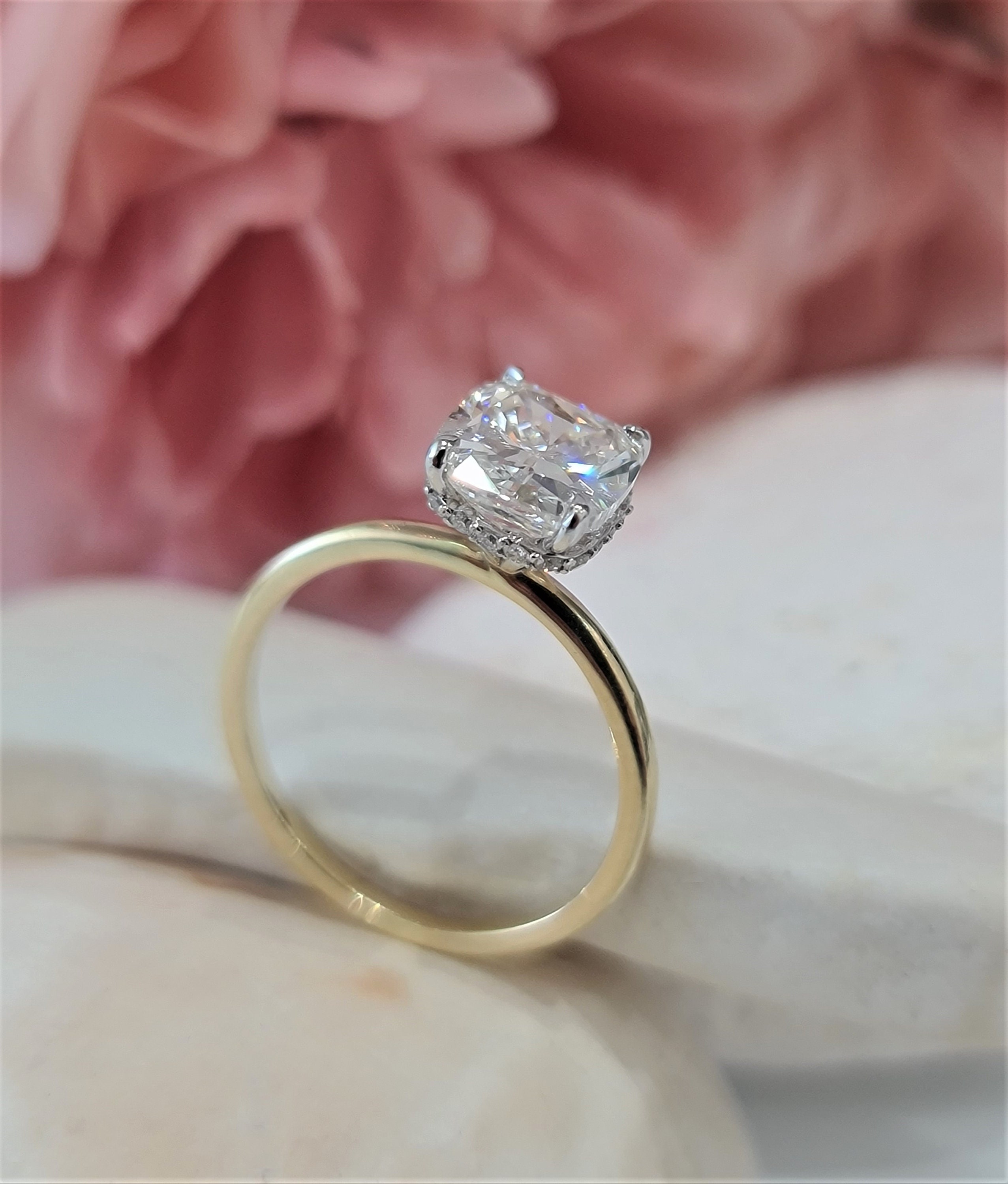 4 ctw Cushion Lab Grown Diamond Split Prong Engagement Ring with Large Halo 14K White Gold FG, VS2+