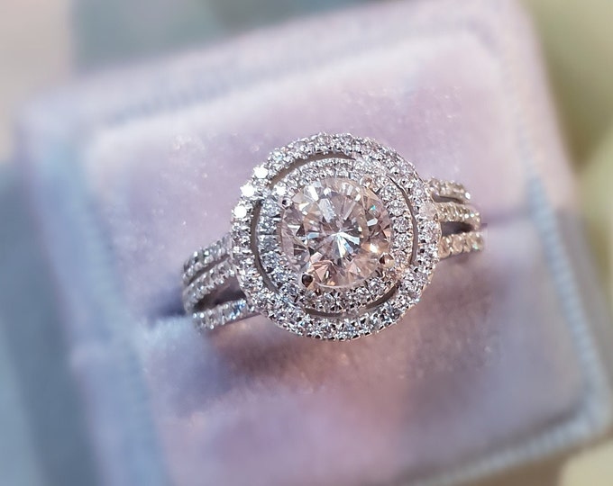 2.16 Tcw Vintage Double Halo & triple split shank CVD Lab Grown Diamond Engagement Ring