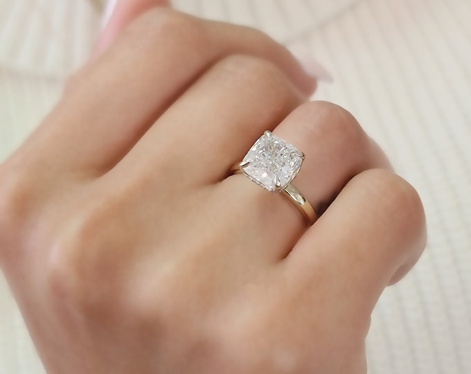 3CT Cushion Cut Lab Grown Diamond Ring, IGI Certified E/F VVS, Hidden Halo, Two Tone 14K/18K Gold, CVD Engagement Ring