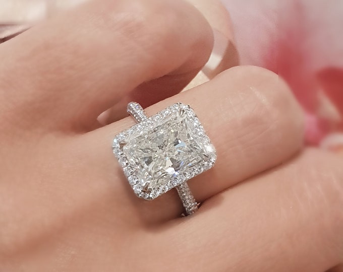 CVD diamond Ring, IGI Certified 3 Carat 14K White Gold Radiant Cut Diamond Ring, Lab Grown Diamond engagement Ring, Halo Radiant Cut Ring