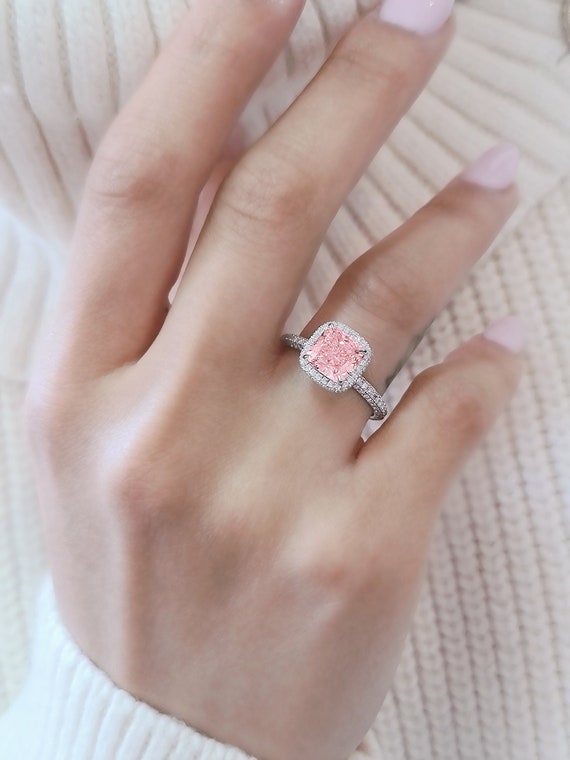 3Ct Emerald Cut Pink Sapphire Diamond Halo Engagement Ring 14K White Gold  Finish | eBay