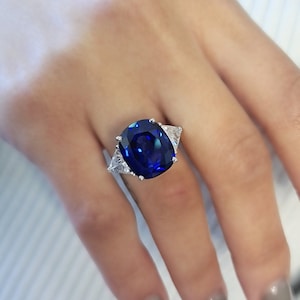 12 Carat 14K White Gold Blue Sapphire Elongated Cushion With 1.30ct Triangle Diamonds Ring | CVD Lab Grown Ring | Victorian Engagement ring