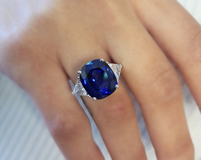 12 Carat 14K White Gold Blue Sapphire Elongated Cushion set with 1.30ct Triangle cut CVD lab grown diamonds