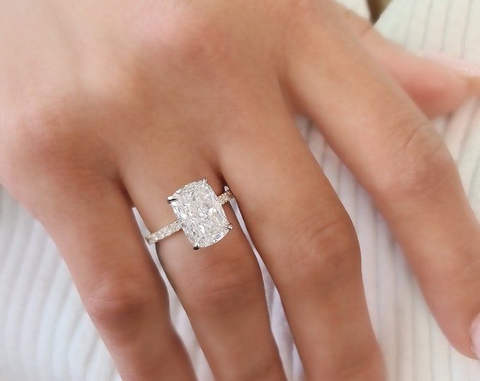 4.75CT Cushion Lab Grown Diamond Ring, 4CT Center, IGI Certified E/F VVS, CVD, Hidden Halo, Two Tone 14K/18K Gold Engagement Ring