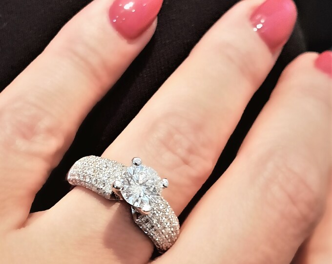 1.50 Carat Round Cut IGI Certified CVD Lab Grown Diamond Set in a High Profile Multi row White Gold diamond pave band