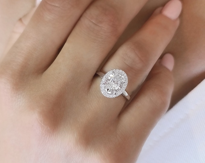2ct Oval Diamond Halo Engagement Ring - 14KT White Gold, F VS1, Elegant Oval Halo Wedding Ring