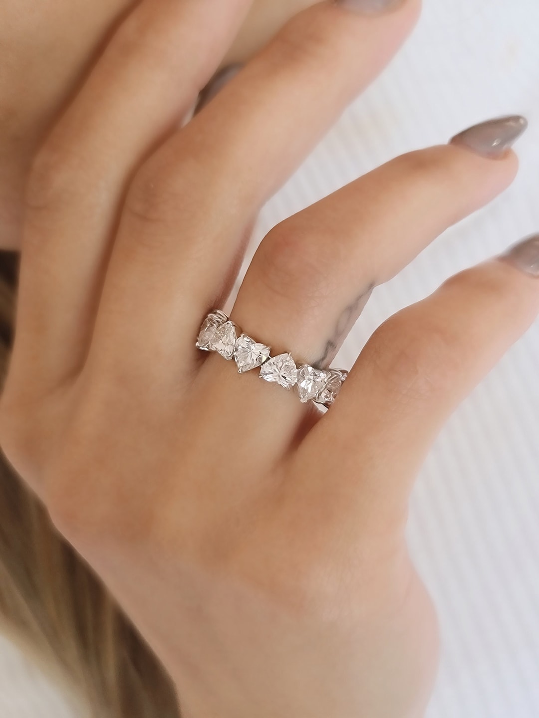 5.9 Carat Heart-shaped Eternity CVD Lab-grown Diamond Ring, D/E