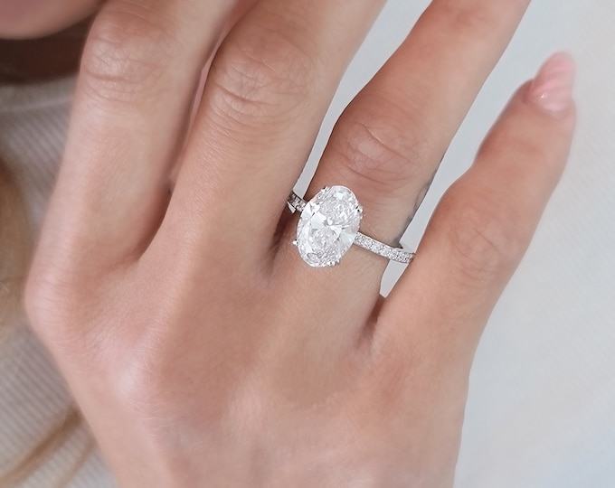 3.5 Carat Oval Cut IGI Certified CVD Lab Grown Diamond set in a stunning hidden halo and diamond pave band setting