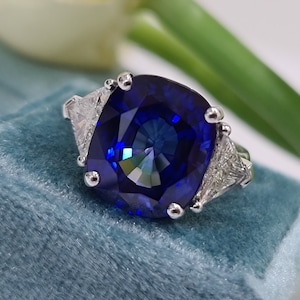 Victorian Engagement ring | 12 Carat 14K White Gold Blue Sapphire Elongated Cushion With 1.30ct Triangle Diamonds Ring | CVD Lab Grown Ring