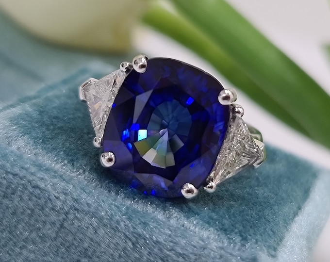 12 Carat 14K White Gold Blue Sapphire Elongated Cushion set with 1.30ct Triangle cut CVD lab grown diamonds