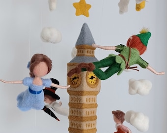 In volo verso l'Isola che non c'è, Peter Pan, Wendy e i bambini, la torre del Big Ben, fatto a mano, in feltro di lana, decorazioni per la cameretta dei bambini, mobile per neonati, ispirato a Disney, decorazioni per la casa