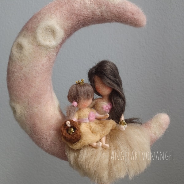 Mother daughter on moon collecting stars, Needle felted artwork,  wool sculpture,  unique creation,  handmade gift, Muttertagsgeschenk