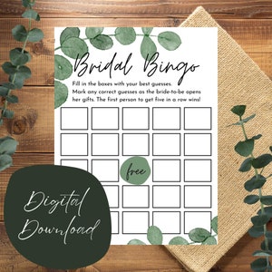Bridal Shower Bingo Game Template Eucalyptus Printable Digital Download Instant Download Minimalist Greenery Garden Shower