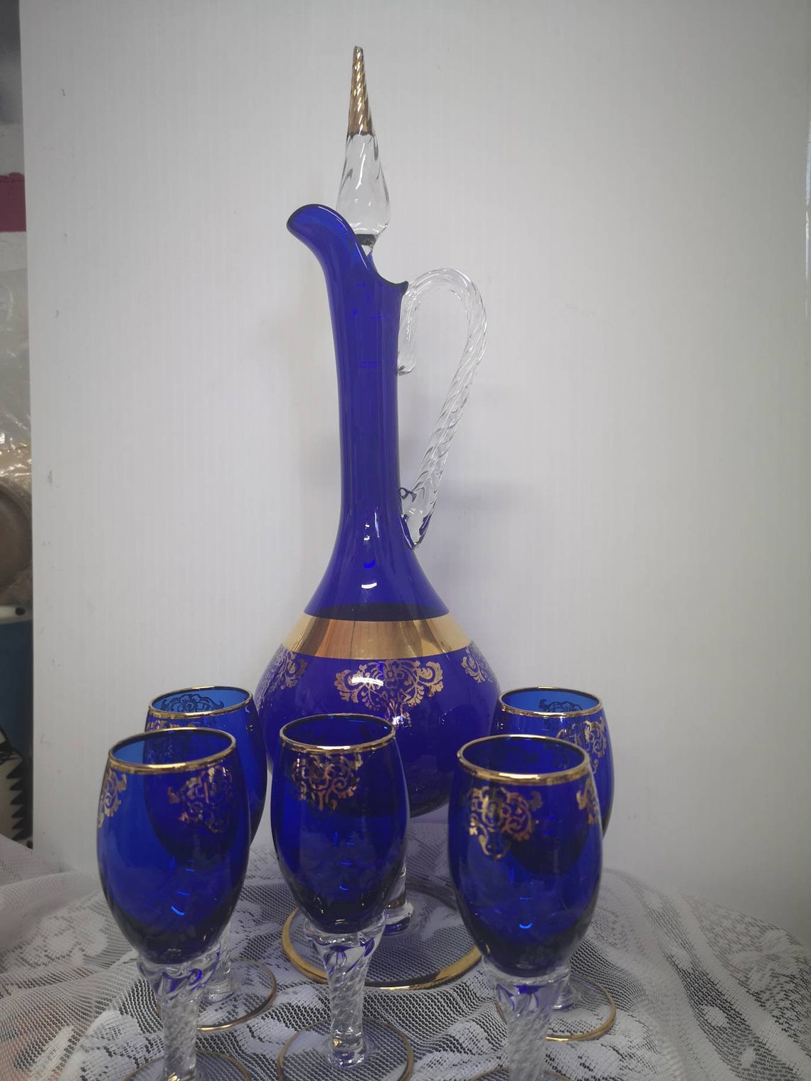 Stunning Cobalt Blue Glass Decanter with Gold edging five Etsy