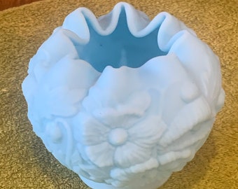 Fenton Pinched Rose Bowl Vase Blue Satin Poppy Flowers