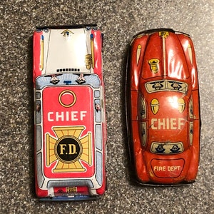 Two Vintage Tin Toy cars Japan Fire Chief