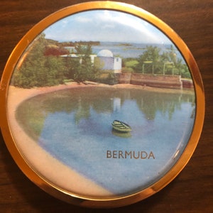Vintage Make-up Compact Bermuda Beach Harbor Scene Made in England