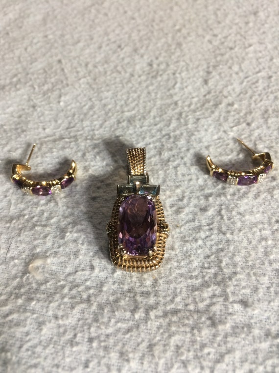 14K Gold and Sterling Amethyst and Topaz Pendant … - image 2