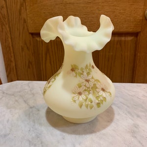 Vintage Fenton Glass Vase Hand-painted and Signed by D.Fredrick 7” Tall, Ruffled Edge