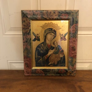 Vintage Christian Mother Mary and Baby Jesus Christ God Icon Print on Textured Board