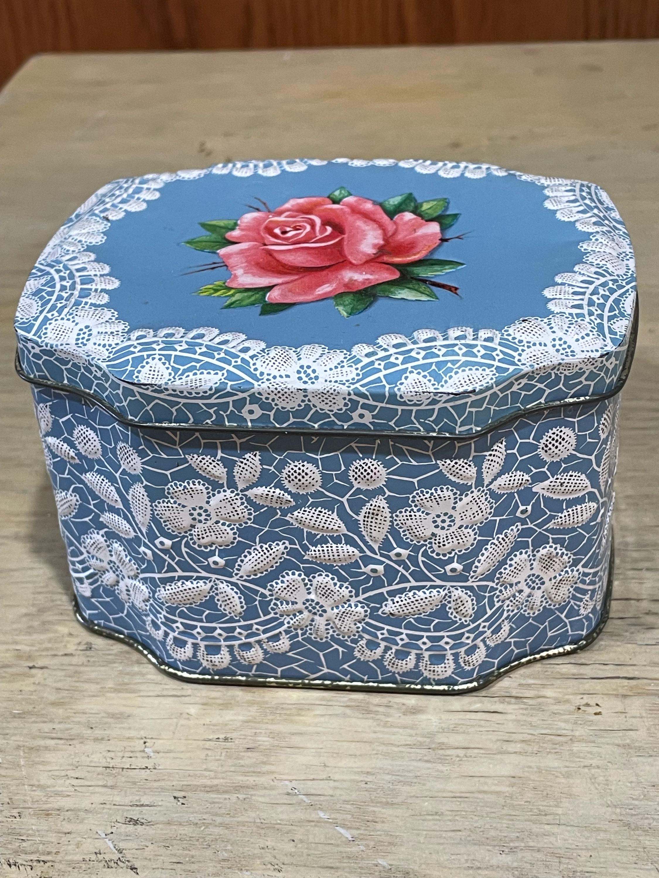 Vintage Floral Biscuit Cookie Tin Cannister Rose Hinged Lid Baby Blue & White with Pink Red Rose Keepsake