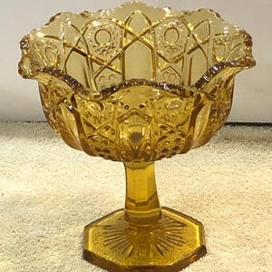 Vintage L.E. Smith Glass Heritage Quintec Amber Gold Yellow Compote Candy Nut Dish 1950s Pedestal Bowl