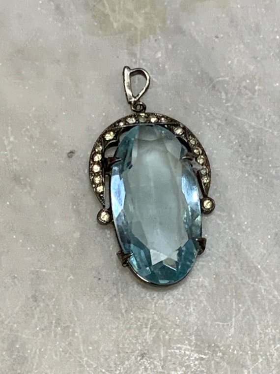 Fabulous Old Sterling Silver Pendant with Blue Gla