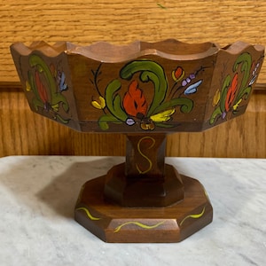 Vintage Scandinavian Nordic Rosemaled Style Handmade Painted Wooden Wood Pedestal Compote Fruit Bowl